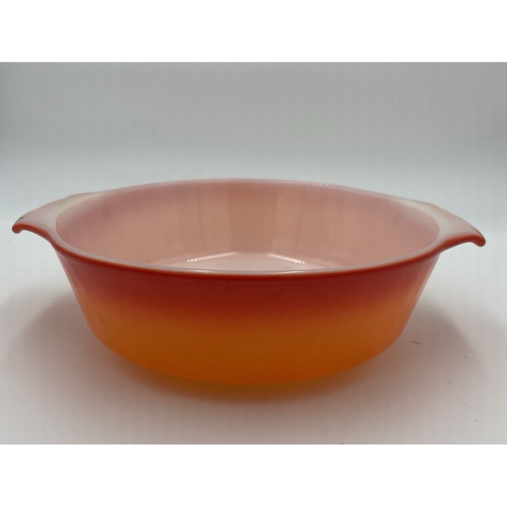 Vintage Fire King Anchor Hocking Handle Casserole Bowl Ombré Red Orange 8.5"